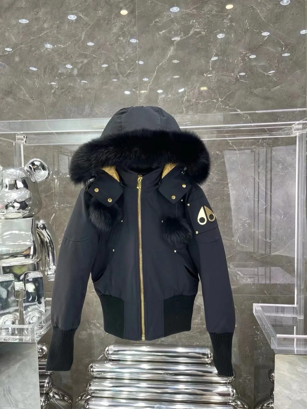 Moose Knuckles Black Hooded Puffer Jacket with Gold Lining